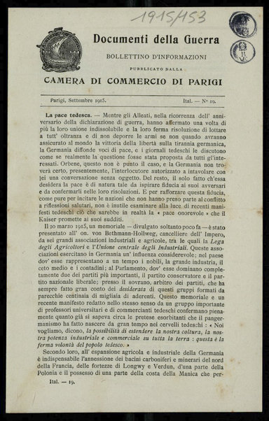 Documenti della guerra : bollettino d'informazioni pubblicato dalla Camera di commercio di Parigi